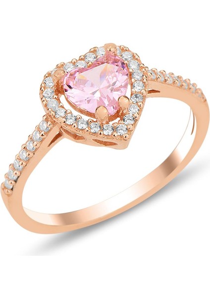 Gümüş Rose Pembe Taşlı Pırlanta Montürlü Kalp Modeli Yüzük SGTL12299PEMBE