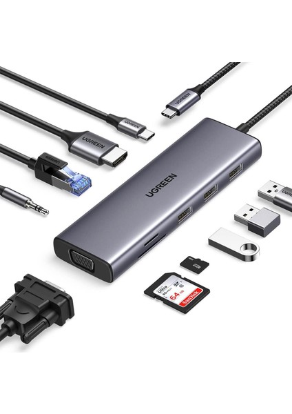 Type-C To 3*usb 3.0 4K/30Hz HDMI VGA Gigabit Ethernet Aux Sd Tf Kart Okuyucu Çoklayıcı Hub Adaptör