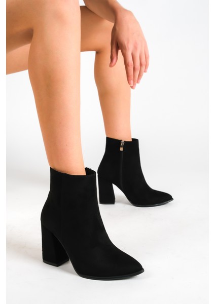 Mbess2-S Kadın Siyah Süet Kalın Topuklu Fermuarlı Bot & Bootie