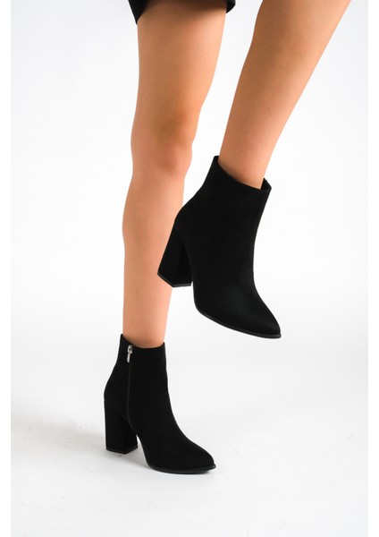 Mbess2-S Kadın Siyah Süet Kalın Topuklu Fermuarlı Bot & Bootie modelleri