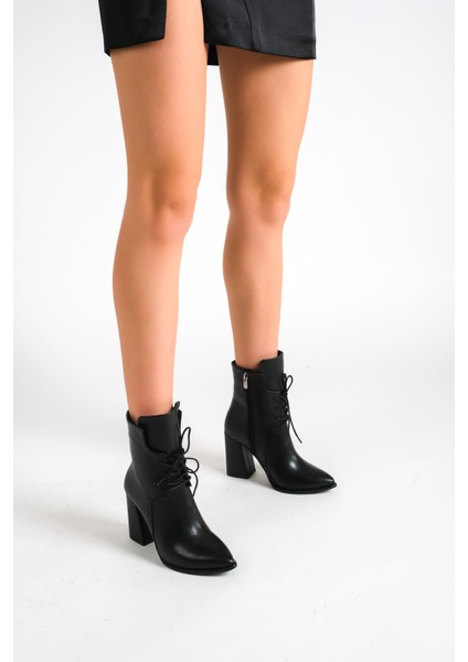 Mbess3-S Kadın Siyah Kalın Topuklu Bağcık Detaylı Fermuarlı Bot & Bootie fiyatları