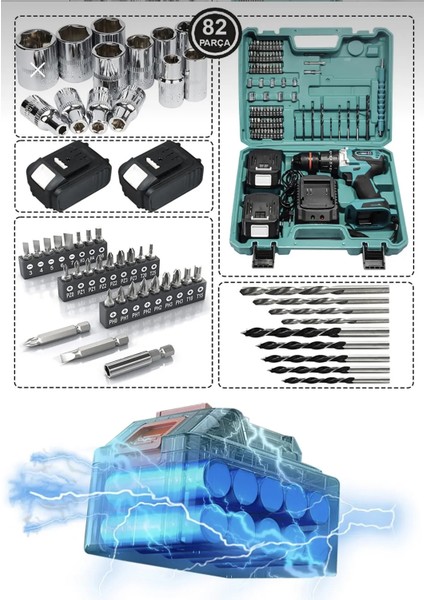 Germany Steel 128 Vf Çelik Şanzuman Bakır Sargılı 10 Pilli Çift Akülü Vidalama 82 Parça Darbeli Şarjlı Matkap DN10-MK2