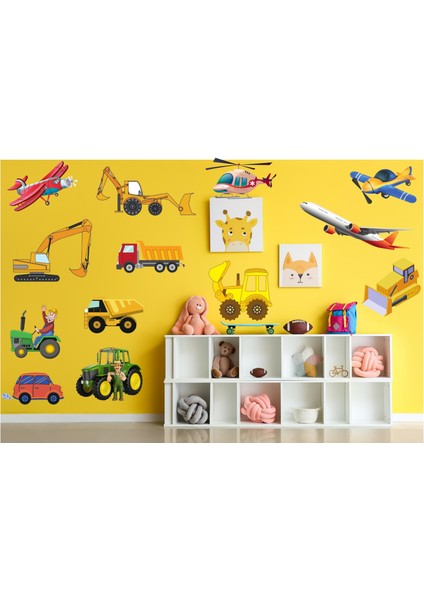 Iş Makinaları,uçaklar,arabalar ve Kamyon Temalı Çocuk Odası Duvar Stickerı
