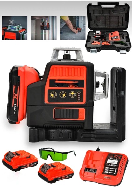 88VF Çift Akülü 12 Köşe 360° Otomatik Hizalamalı Lazer Metre Hizalama Yeşil Çizgili Lazer Hizalama