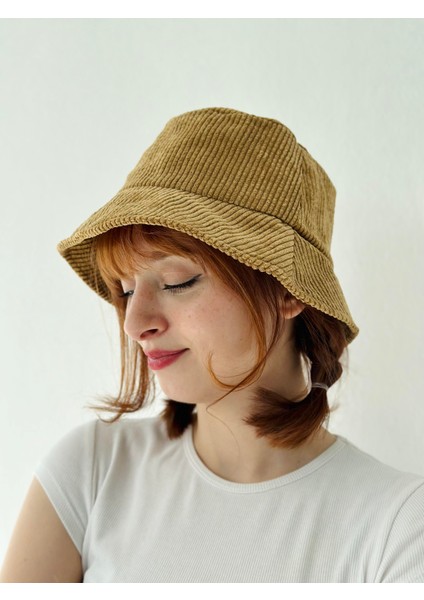 Kadife Kumaş Bucket Balıkçı Model Kışlık Standart Boy Şapka Kadın Hardal