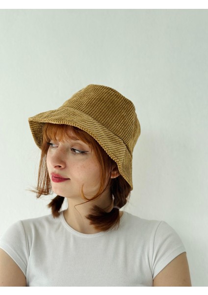 Kadife Kumaş Bucket Balıkçı Model Kışlık Standart Boy Şapka Kadın Hardal