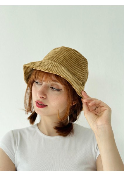 Kadife Kumaş Bucket Balıkçı Model Kışlık Standart Boy Şapka Kadın Hardal