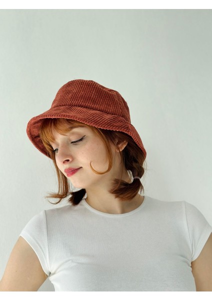 Kadife Kumaş Bucket Balıkçı Model Kışlık Standart Boy Şapka Kadın Kiremit