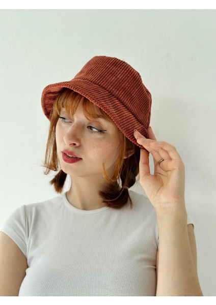 Kadife Kumaş Bucket Balıkçı Model Kışlık Standart Boy Şapka Kadın Kiremit