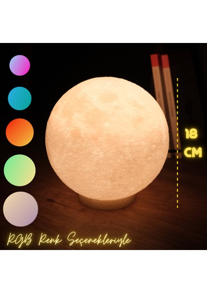 18 Cm Renkli Rgb Ay Küresi neon led lamba hediyelik eşya avize masa lambası gece lambası moon yılbaşı hediye