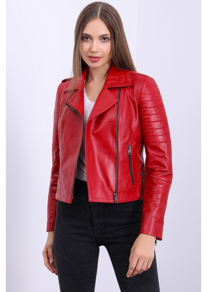 Kadın Kırmızı Hakiki Deri Mont