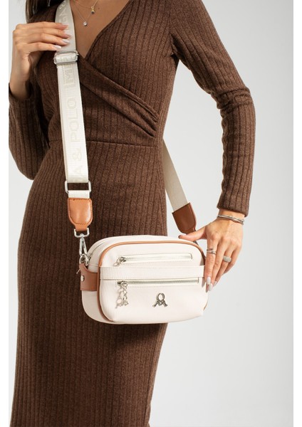 Paul Brand Yeni Sezon Mini Boy 3 Bölmeli Kadın Çapraz Omuz Çantası Krem Taba 23X16CM PBM630