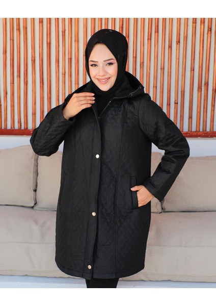 Kmkkombin Anne Kadın Büyük Beden Ince Baklava Desenli Fermuarlı Çıtçıtlı Içi Polarlı Kapitone Mont