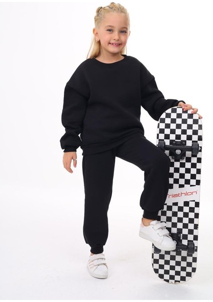 Kız Çocuk 3 Iplik Şardonlu Eşofman Takımı Alt Üst Takım Pembe Siyah Renk Rahat Kalıp