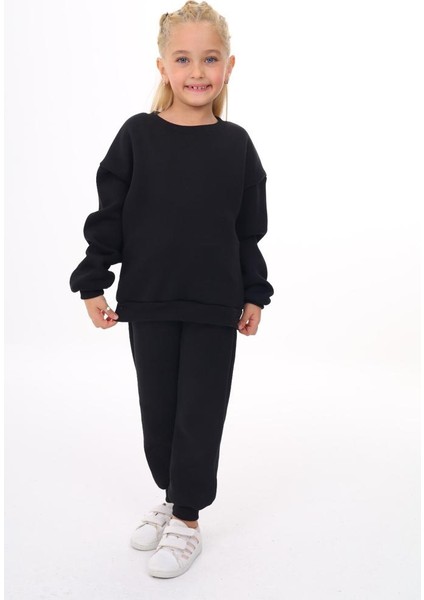 Kız Çocuk 3 Iplik Şardonlu Eşofman Takımı Alt Üst Takım Pembe Siyah Renk Rahat Kalıp modelleri