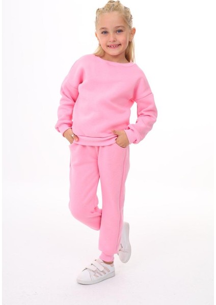 Kız Çocuk 3 Iplik Şardonlu Eşofman Takımı Alt Üst Takım Pembe Siyah Renk Rahat Kalıp