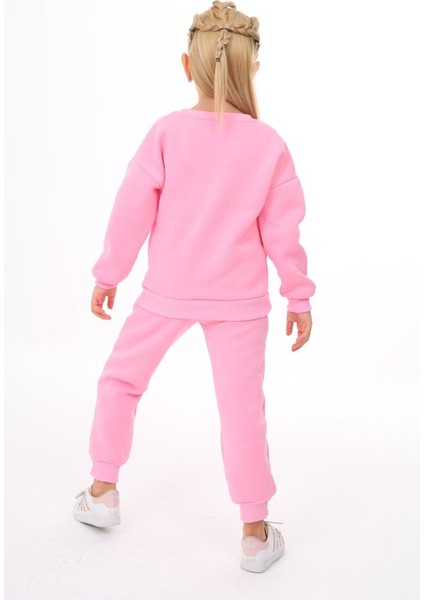 Kız Çocuk 3 Iplik Şardonlu Eşofman Takımı Alt Üst Takım Pembe Siyah Renk Rahat Kalıp fiyatları