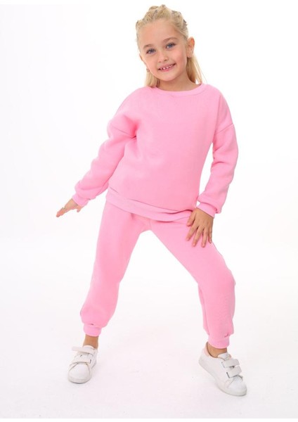 Kız Çocuk 3 Iplik Şardonlu Eşofman Takımı Alt Üst Takım Pembe Siyah Renk Rahat Kalıp modelleri