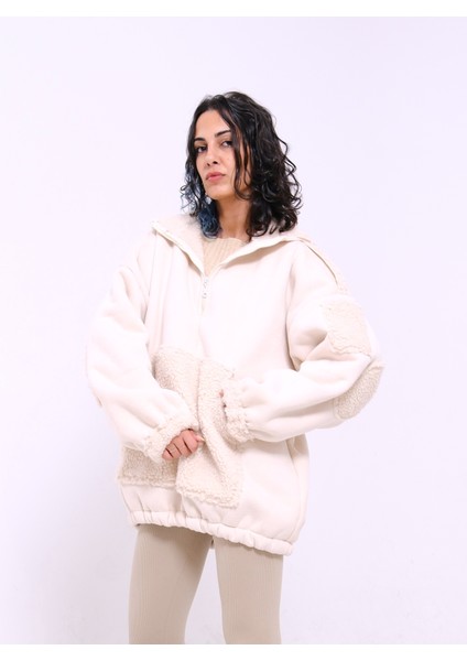 Dışı Süet Içi Teddy Peluş Kapüşonlu Oversize Kanguru Sweat Mont