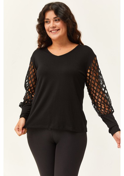 Kadın Büyük Beden Transparan File Kol Detaylı Siyah Bluz fiyatları