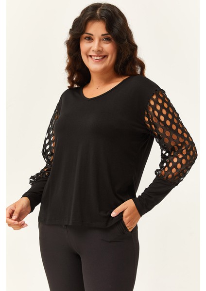 Kadın Büyük Beden Transparan File Kol Detaylı Siyah Bluz modelleri