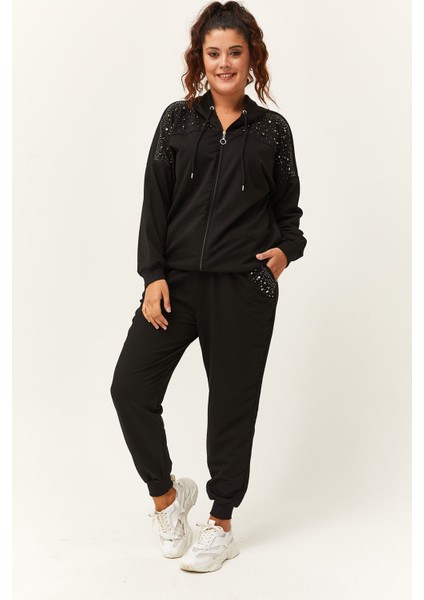 Kadın Büyük Beden Taş ve Boncuk Işlemeli Siyah Eşofman Takımı