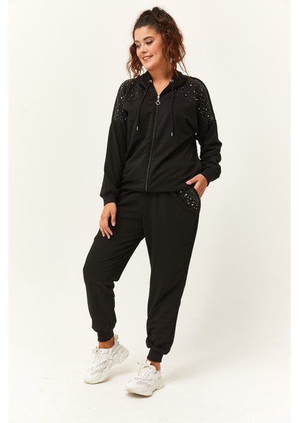 Kadın Büyük Beden Taş ve Boncuk Işlemeli Siyah Eşofman Takımı fiyatları