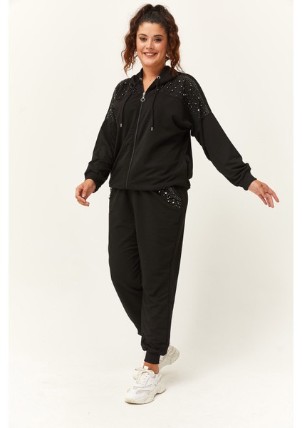 Kadın Büyük Beden Taş ve Boncuk Işlemeli Siyah Eşofman Takımı modelleri