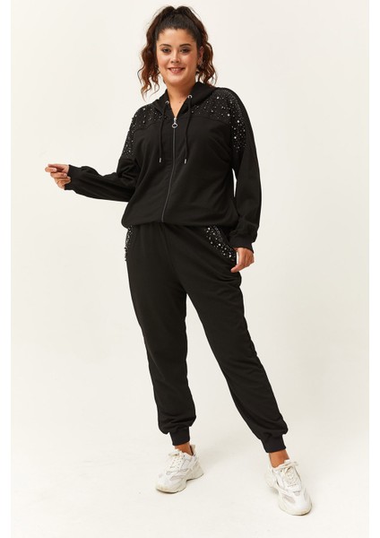 Kadın Büyük Beden Taş ve Boncuk Işlemeli Siyah Eşofman Takımı fırsatları