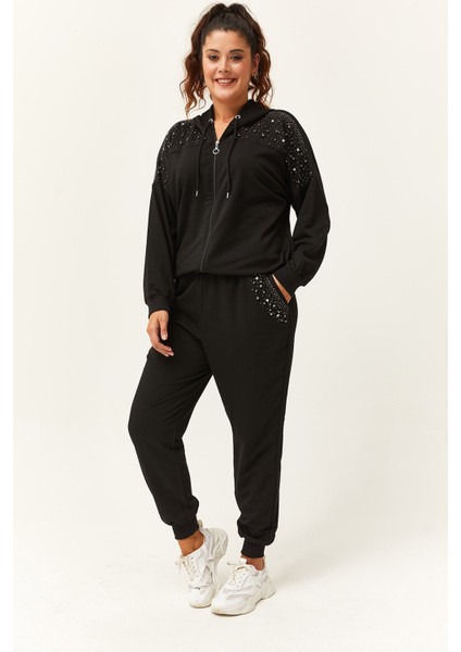 Kadın Büyük Beden Taş ve Boncuk Işlemeli Siyah Eşofman Takımı indirimleri
