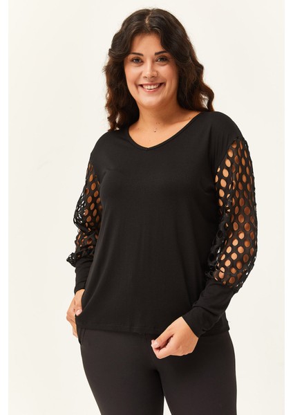 Kadın Büyük Beden Transparan File Kol Detaylı Siyah Bluz indirimleri