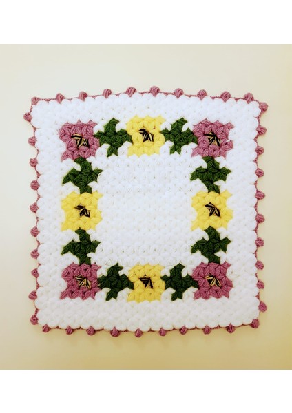 Banyo Lifi Yün El Örmesi Ceyizlik 1 Adet Kare El Örmesi Menekşe Desenli