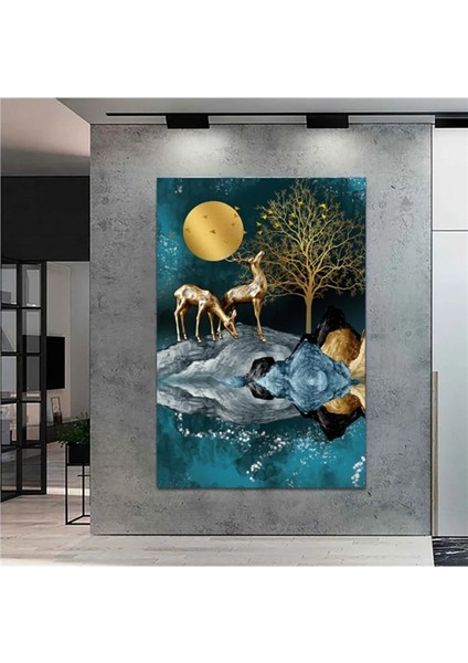 Altın Dokulu Geyik Manzara Kanvas Tablo AR013