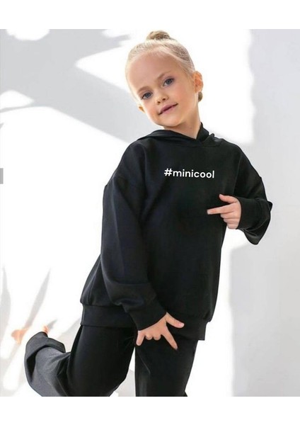 Kız Çocuk Nakışlı Slogan Hashtag Oversize Alt Üst Takım Kapüşonlu 3 Iplik Şardonlu fırsatları