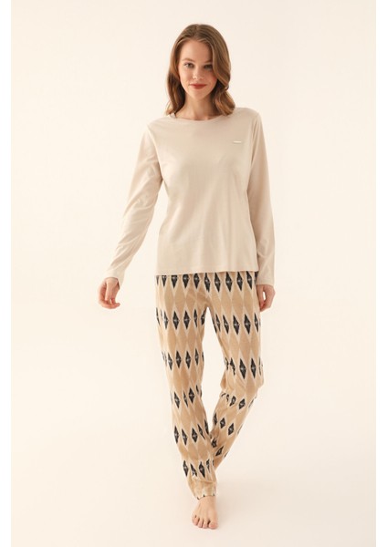 Kadın Bej Uzun Kol Pijama Takımı