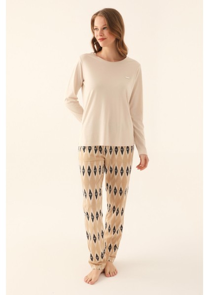 Kadın Bej Uzun Kol Pijama Takımı modelleri