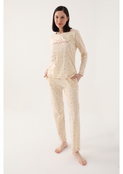 Kadın Bej Uzun Kol Pijama Takımı