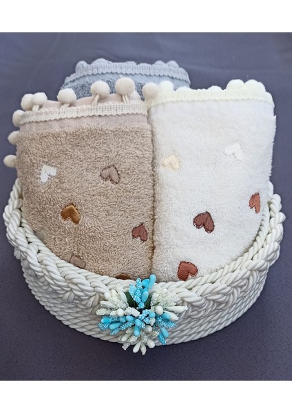 Yuvarlak Örgü Sepet 30*50 cm 3 Adet Havlu Nakışlı Ponponlu , Hediyelik Bohçalık Çeyizlik fırsatları