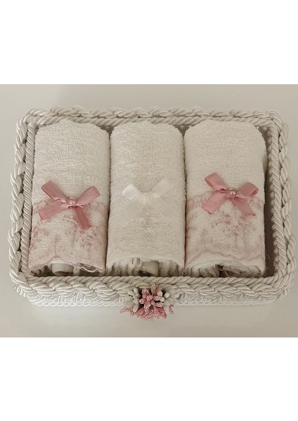 Dikdörtgen Küçük Örgü Sepet 30*50 cm 3 Adet Pamuklu Fiyonklu Fistolu Havlu, Bohçalık Hediyelik Çeyizlik
