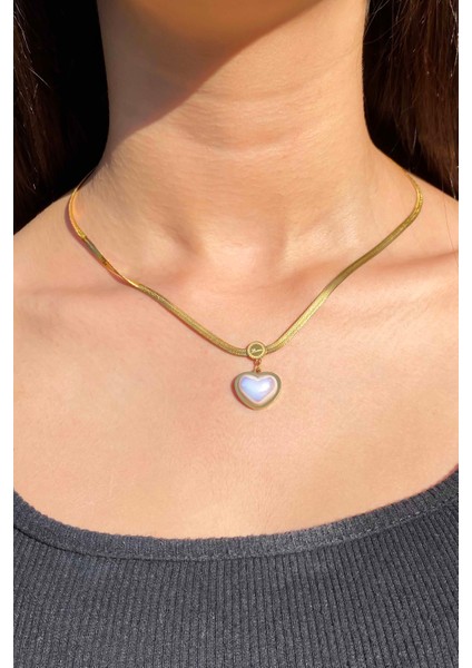 Kadın Paslanmaz Çelik Gold Italyan Zincir Sedef Kalp Kolye modelleri