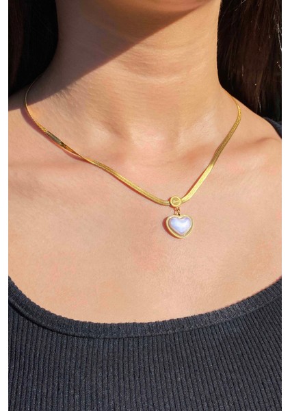 Kadın Paslanmaz Çelik Gold Italyan Zincir Sedef Kalp Kolye indirimleri