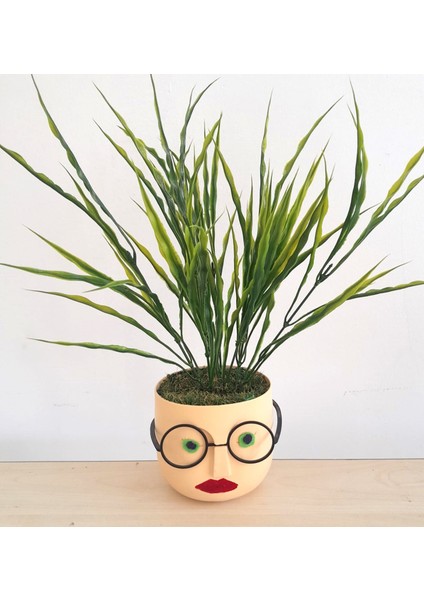 Gözlüklü Kadın Yüz Adler Saksıda Yapay Sazlık Püskül Bitkisi 40 cm Ebat
