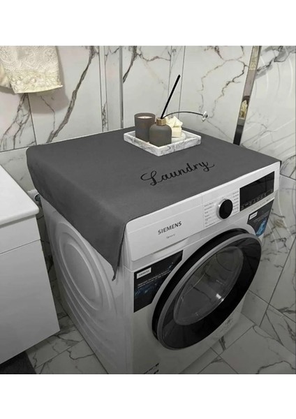 Laundry Basklı Gri Çamaşır Makine Örtüsü