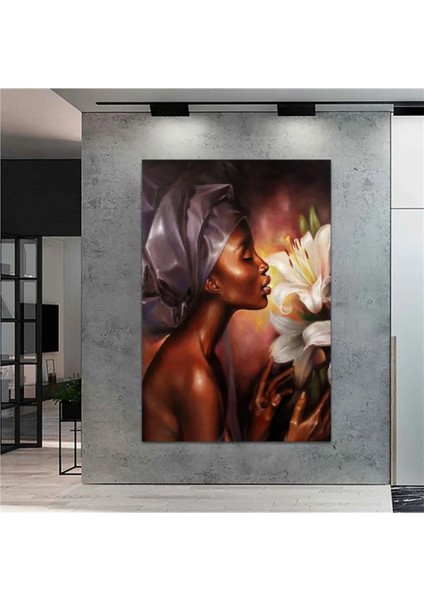 Dev Boyut Dekoratif Çiçek ve Afrikalı Kadın Kanvas Tablo DR0131