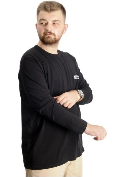 Büyük Beden Erkek T-Shirt Uzun Kol Bisiklet Yaka Man 23099 Siyah