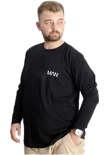 Büyük Beden Erkek T-Shirt Uzun Kol Bisiklet Yaka Man 23099 Siyah