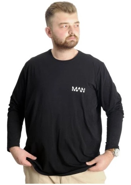 Büyük Beden Erkek T-Shirt Uzun Kol Bisiklet Yaka Man 23099 Siyah