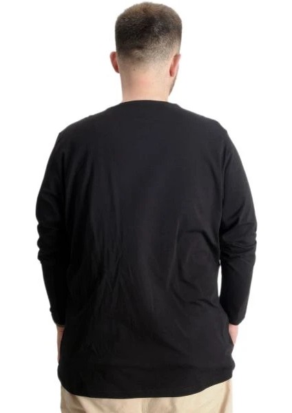 Büyük Beden Erkek T-Shirt Uzun Kol Bisiklet Yaka Man 23099 Siyah