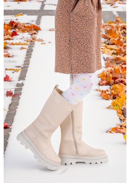 500 Uzun Fermuarlı Kız Çocuk Çizme Bot Bej