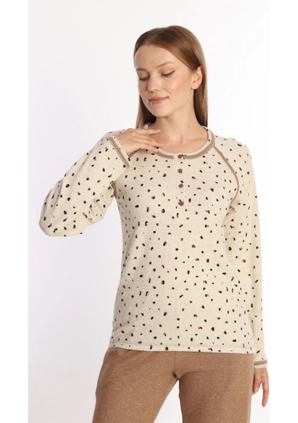 Pamuklu Soft Cepli Kadın Pijama Takımı Bej